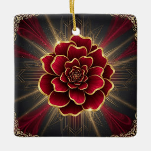 Cerámica Adorno de Flor Art Déco Rojo Intenso con Acento Do