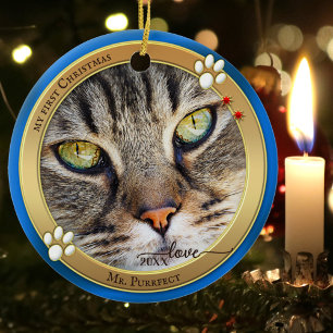 Cerámica Adorno de foto de gato lindo Blue Gold
