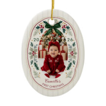 Adorno de foto de Navidad con hojas de acebo y laz