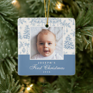 Cerámica Adorno de Foto de Primer Navidad con Toile Azul