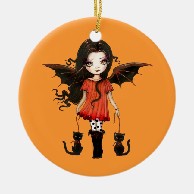 Cerámica Adorno de Halloween pequeño vampiro con gatos (Frente)