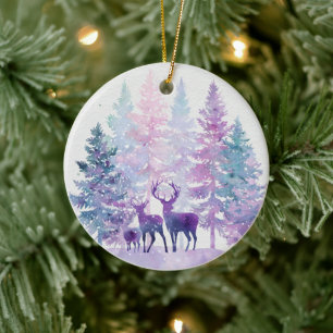 Cerámica Adorno de Navidad Bosque Ciervos Caprichosos Púrpu