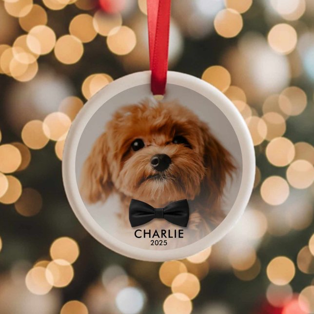 Cerámica Adorno de Navidad con Foto de Mascota Personalizad (Modern Minimalist Pet Photo Christmas Ornament)
