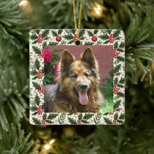 Cerámica Adorno de Navidad con foto de mascota y acebo