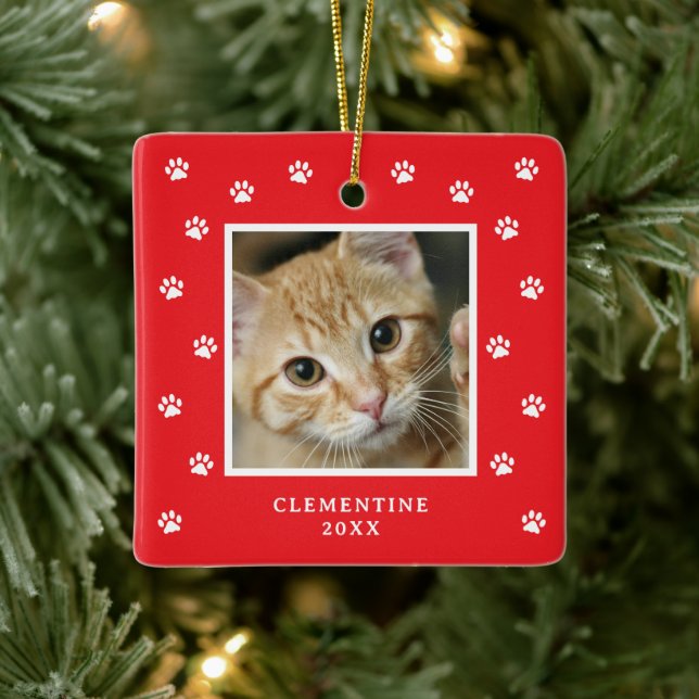 Cerámica Adorno de Navidad con foto de mascota y huella de  (Árbol)