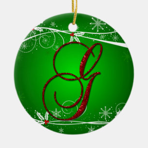 Cerámica Adorno de Navidad con iniciales de acebo rojas y v