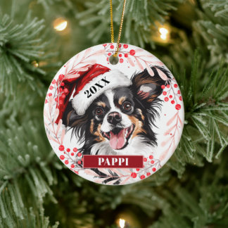 Cerámica Adorno de Navidad con perro Papillon con sombrero 