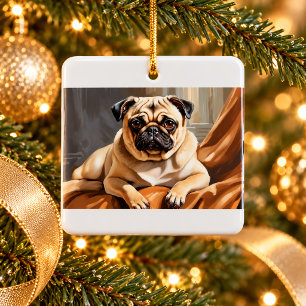 Cerámica Adorno de Navidad con retrato de perro Pug vintage