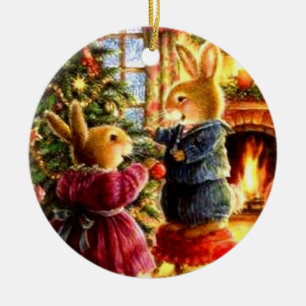 Cerámica Adorno de Navidad - Conejos decorando el árbol