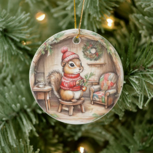Cerámica Adorno de Navidad de Ardilla Listada con Mensaje