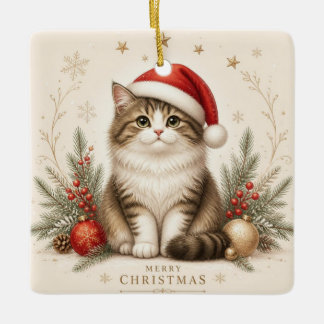 Cerámica Adorno de Navidad de Gato con Sombrero de Santa Ad