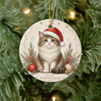 Cerámica Adorno de Navidad de Gato con Sombrero de Santa Ad