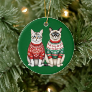 Cerámica Adorno de Navidad de Gato, Gatos Tabby y Siamés
