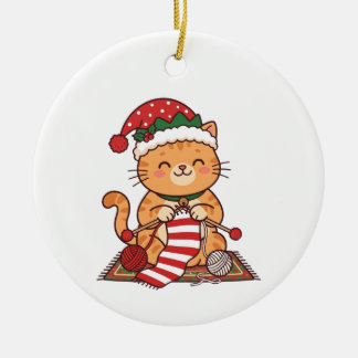 Cerámica Adorno de Navidad de gato tejiendo bufanda regalo