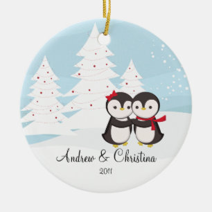 Cerámica Adorno de Navidad de Pareja de Pingüinos Enamorado