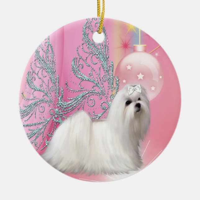 Cerámica Adorno de Navidad de perro cachorro maltés rosa (Frente)