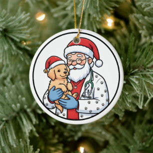 Cerámica Adorno de Navidad de Santa Vet con cachorro