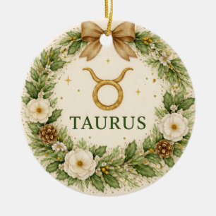 Cerámica Adorno de Navidad de Tauro Zodíaco – Floral de Inv