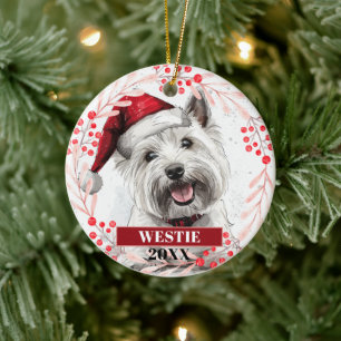 Cerámica Adorno de Navidad de Terrier Westie con sombrero d