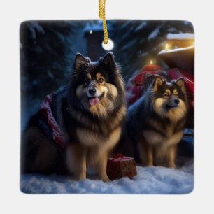 Cerámica Adorno de Navidad de Trineo Nevado con Lapphund Fi