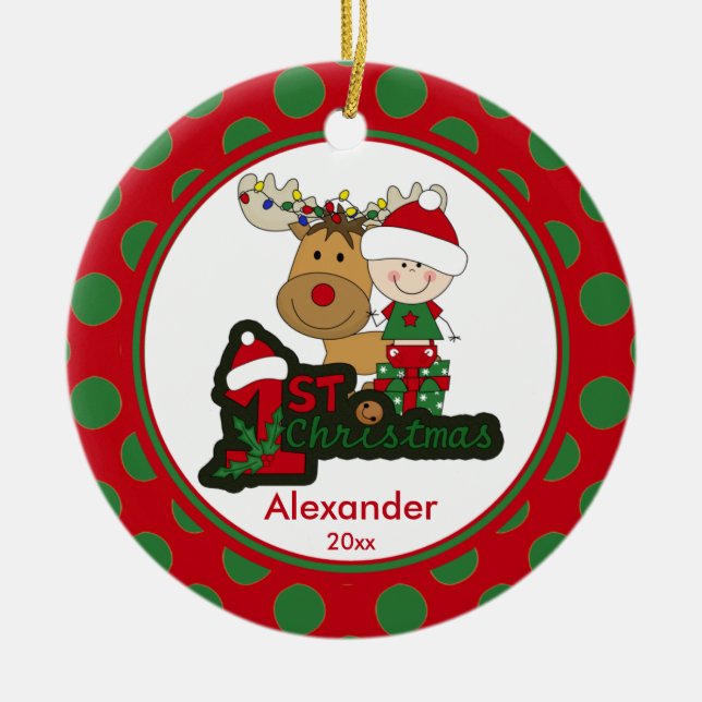 Cerámica Adorno de Navidad del Primer Navidad del Bebé Reno (Frente)