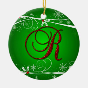 Cerámica Adorno de Navidad R Inicial Verdes Rojos Acebo