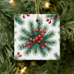 Cerámica Adorno de rama de pino de Navidad y bayas rojas