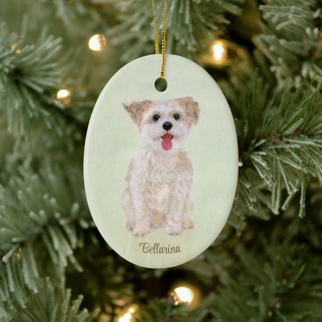 Cerámica Adorno de Vidrio Oval Perro Morkie (Árbol)