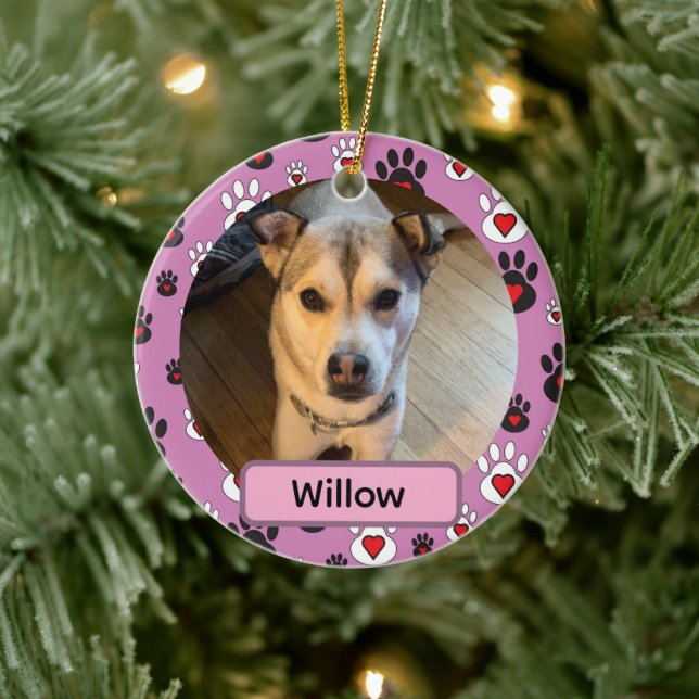 Cerámica Adorno Nombre Corazones Rojos Huella de Pata Negra (Árbol)