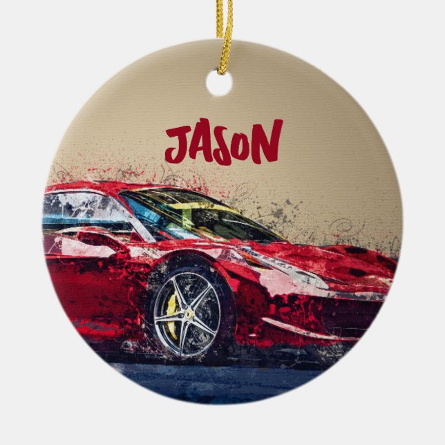 Cerámica Adorno Personalizado de Coche de Carreras Rojo Reg (Frente)