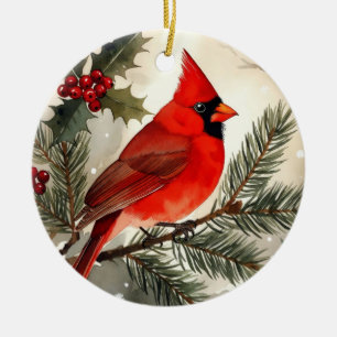 Cerámica Adorno redondo de Navidad con cardenal en acuarela
