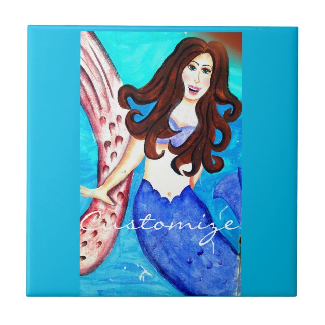 Cerámica azulejo azul de brunette mermaid (Frente)