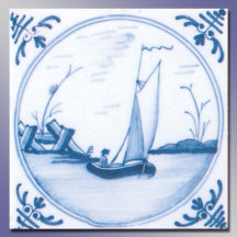 Azulejo de arte Delft vintage de velero blanco azu