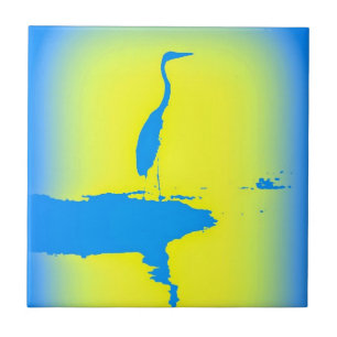 Cerámica azulejo de garza amarilla y azul