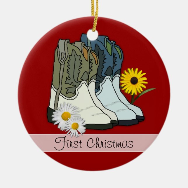 Cerámica Botas de Vaquero, Primer Navidad Adorno Personaliz (Frente)