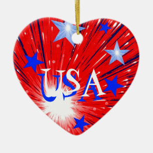 Cerámica Corazón de adorno de 'USA' azul rojo de fuegos art