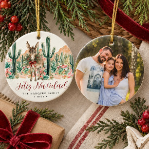 Cerámica Feliz Navidad Adorno de Foto de la Familia Burro