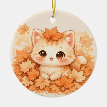 Gato de Hoja de Otoño Kawaii – Adorno de Gato de O
