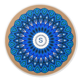 Cerámica Mandala azul en Beige con pomo de cajón inicial