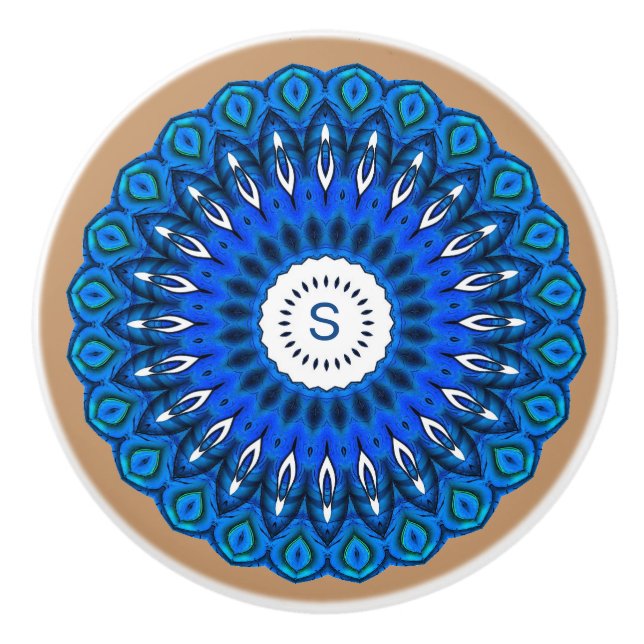 Cerámica Mandala azul en Beige con pomo de cajón inicial (Anverso)
