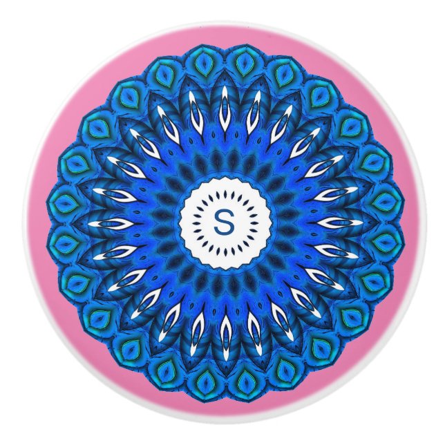 Cerámica Mandala azul en rosa con un pomo de cajón inicial (Anverso)