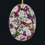 Cerámica Ovalado de adorno rosa dulce de Snowmen<br><div class="desc">Un diseño festivo con una mezcla de encantadores hombres de nieve de chocolate con envolturas de Relieve metalizado de colores vivos. Ornamento con un diseño de personalizable blanco, rosa, morado, rojo y verde para que pueda personalizar con su propio texto, imágenes e ideas. Creado usando una fotografía original y técnicas...</div>