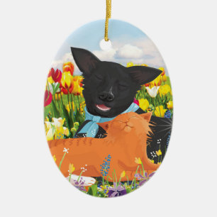 Cerámica Perro negro, gato rojo adorno de árbol de Navidad