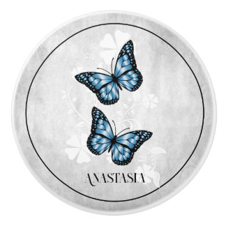 Cerámica Pomo cerámico personalizado floral de mariposa azu