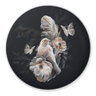 Cerámica Pomo de impresión oscuro, pájaro, flor y pluma de 