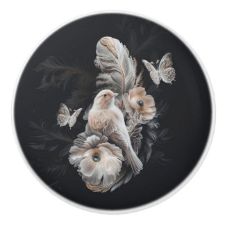 Cerámica Pomo de impresión oscuro, pájaro, flor y pluma de