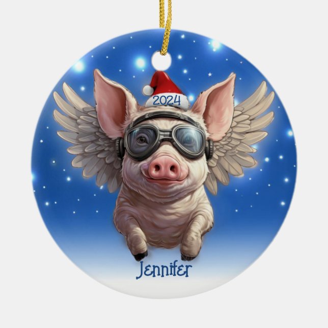 Cerámica Porcino volador con adorno personalizado de Santa  (Frente)