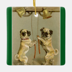 Cerámica Pugs de Año Nuevo tocando campanas Adorno