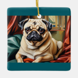 Cerámica Retrato de perro Pug vintage Adorno de Navidad   L