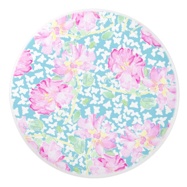 Cerámica Rosas rosas rosas, mariposas blancas en el pomo de (Anverso)